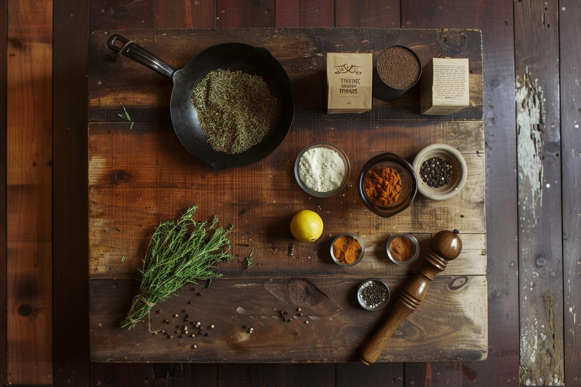 Workshop table with spices and plated dish